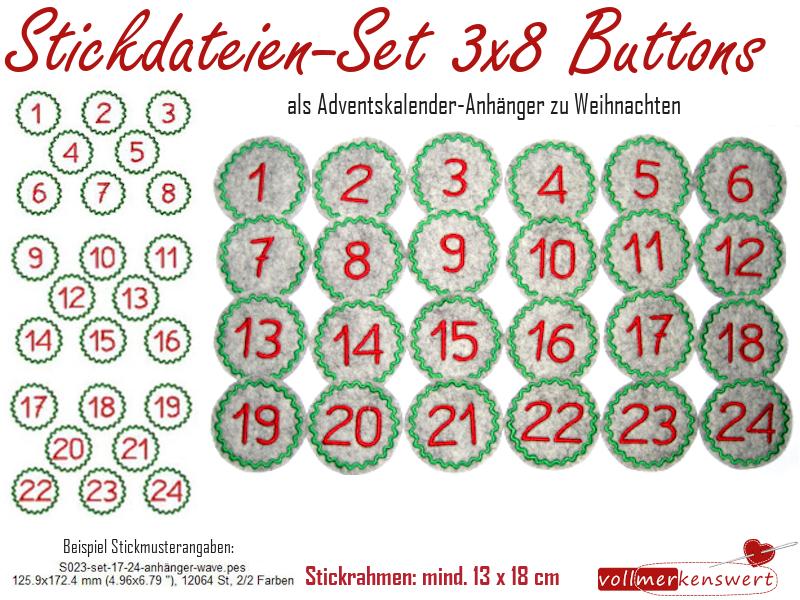 Stickdatei-Set 24 Adventskalender-Anhänger zur Weihnachtszeit 3x8 Buttons für 13x18cm Stickrahmen S023
